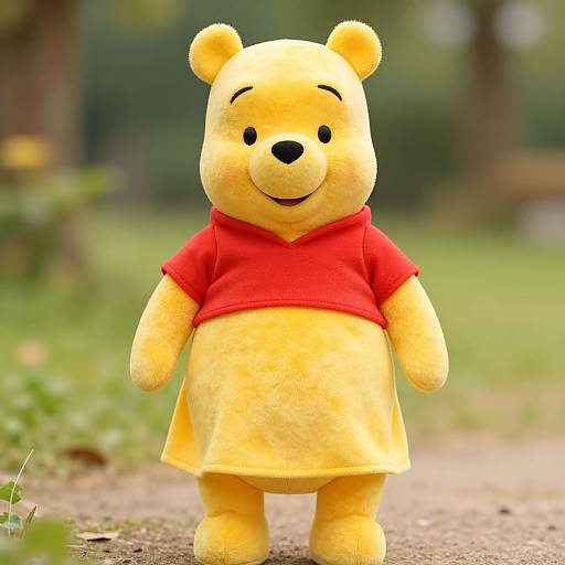 Photograph of a yellow, plush Winnie the Pooh toy in a red shirt, standing on a grassy path with blurred greenery in the