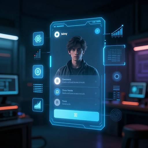 Digital CGI image of a futuristic control interface displaying a blue-lit profile of a young man with messy brown hair, surrounded by glowing icons and data panels