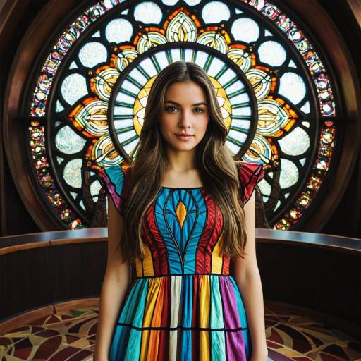Woman in Multicolored Dress in Front of Stained Glass Window