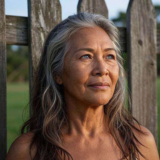 Photograph of a middle-aged woman with long, gray-streaked brown hair, blue eyes, and tanned skin, standing against a wooden fence