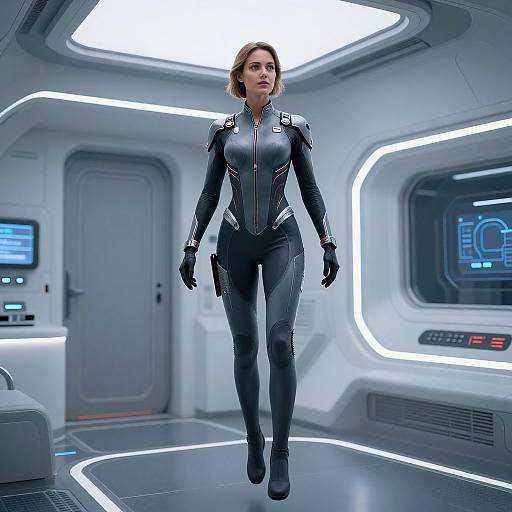 Photograph of a serious, brunette woman in a sleek, black, form-fitting sci-fi suit, floating in a futuristic, white-lit spaceship