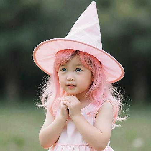 Photograph of a cute Asian toddler with pink hair and a white witch hat, wearing a white dress, standing outdoors with a blurred green forest background.