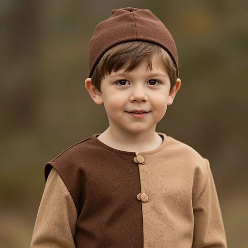 Photograph of a young boy with fair skin, brown eyes, and short brown hair, wearing a brown hat and two-toned brown and beige medieval