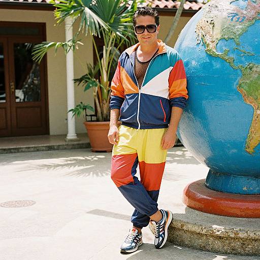 Photograph of a man in colorful tracksuit, black sunglasses, and black-and-white sneakers, standing next to a large blue globe, with tropical plants