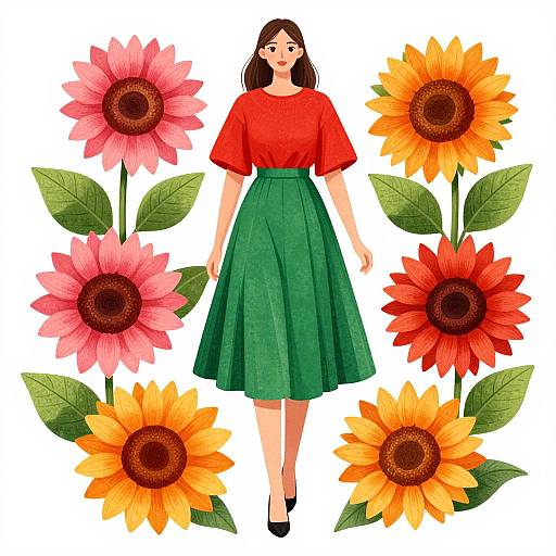 Digital illustration of a woman with long brown hair in a red blouse and green skirt, surrounded by large sunflowers and pink flowers.