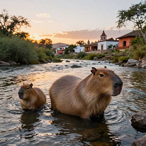 Photograph of two beavers with brown fur standing in a flowing river at sunset, with a village and church in the background.