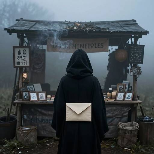 Photograph of a hooded figure in black cloak, back facing, standing before a misty, smoke-filled 