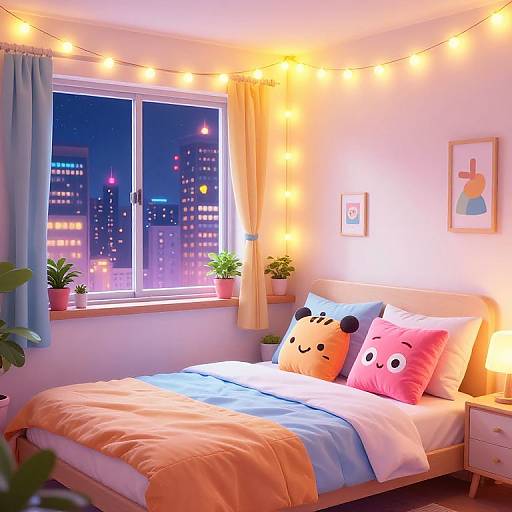 Cozy bedroom photo: colorful pillows, city night view from window, string lights, potted plants, pastel curtains, and cute art.