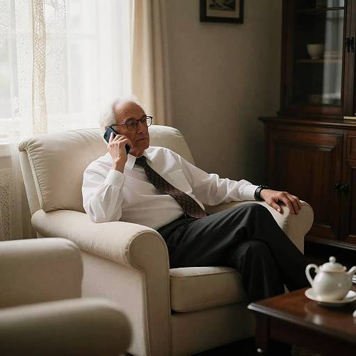Middle-aged Man Talking on Phone in Living Room
