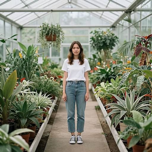 Woman in Greenhouse with Plants