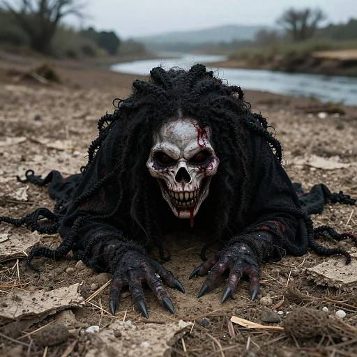 Photograph of a skeletal creature with black, matted hair, blood-stained skull, and sharp claws, crawling on a muddy, barren landscape.