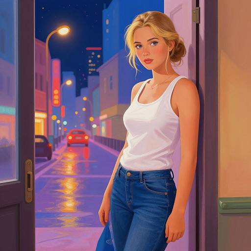 Digital illustration of a blonde woman in a white tank top and blue jeans, standing in a neon-lit, rainy urban street at night.