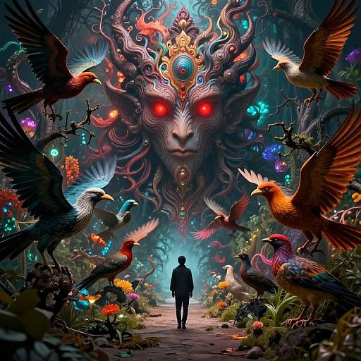 Digital fantasy artwork: Silhouetted figure stands before a colossal, red-eyed, ornate creature with swirling patterns, surrounded by vibrant, colorful birds