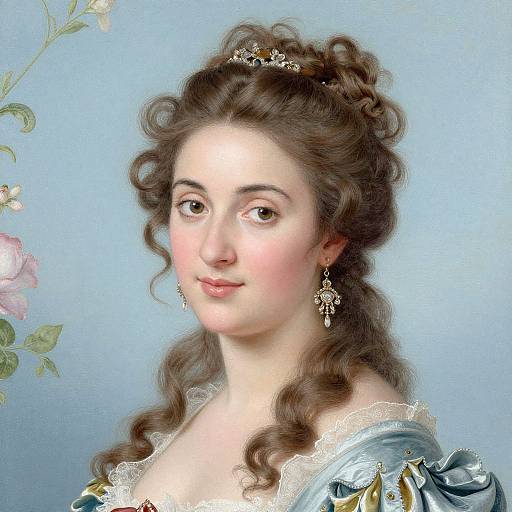Digital painting of a young, fair-skinned woman with curly brown hair, wearing a tiara, ornate earrings, and a blue satin dress with