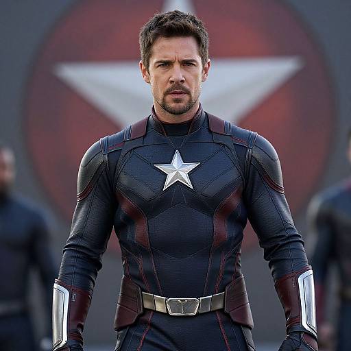 Photograph of a serious, muscular man in a black, star-emblazoned superhero suit with red accents, standing against a blurred red and white