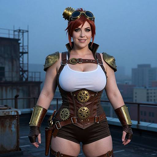 Photorealistic CGI of a red-haired woman with large breasts, wearing steampunk armor, white tank top, and brown shorts, standing on a