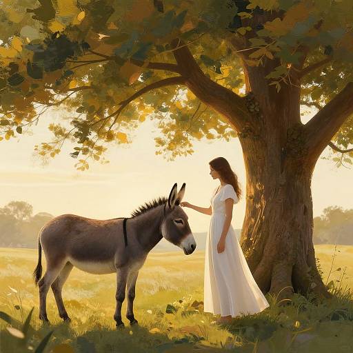 Photograph-style digital art of a woman in a white dress gently touching a donkey's head under a sunlit, leafy tree.