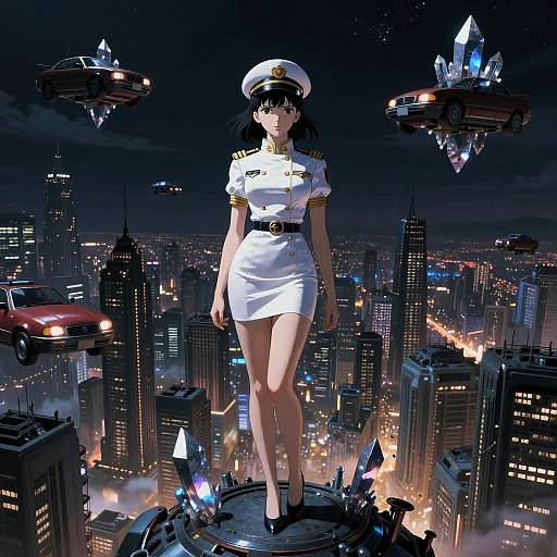 Futuristic Anime Captain in Cityscape with Flying Cars