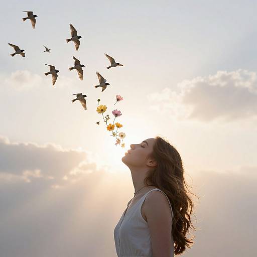 Photograph of a woman with long brown hair, wearing a white sleeveless top, head tilted back, sun behind her, birds flying with flowers emerging