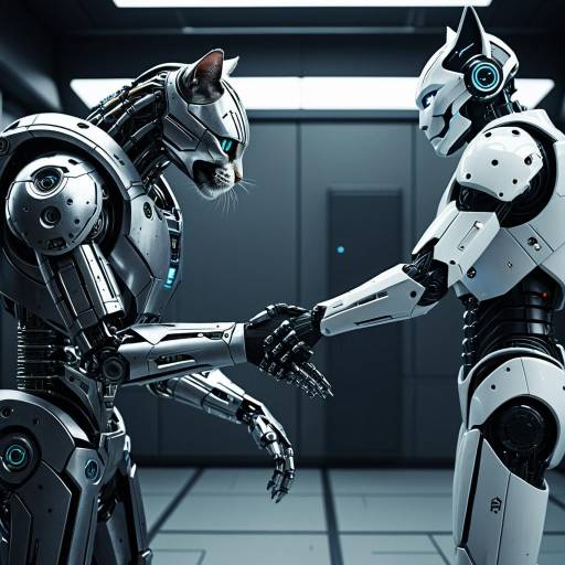 Cybernetic Cat and Futuristic Robot Shaking Hands