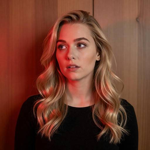 Surprised Blonde Woman in Red Light