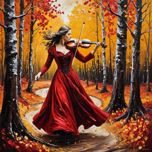 Vibrant Violinist in Autumn Forest