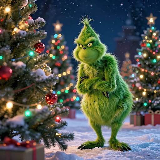 CGI image of a grumpy green furry creature with a tuft of hair, standing in a snowy Christmas forest with colorful lights and decorated trees.