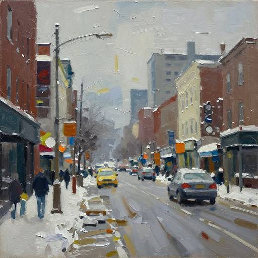 Impressionistic painting of a snowy urban street with cars, pedestrians, and buildings; vibrant colors and thick brushstrokes evoke a bustling cityscape.