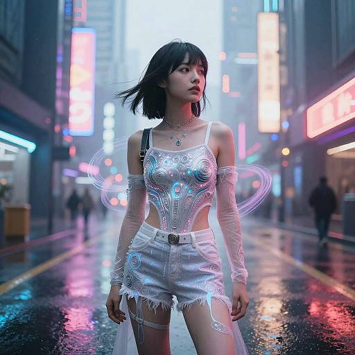 Cyberpunk street scene: Asian woman with short black hair, glowing neon outfit, white shorts, and transparent wings, stands in a rain-soaked