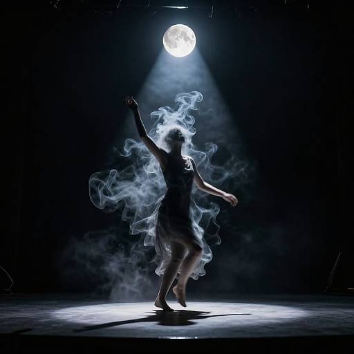 Photograph of a silhouetted dancer with swirling smoke, under a spotlight and full moon, performing a dynamic pose on a dark stage.