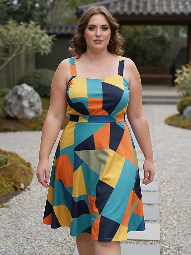 Photograph of a curvy woman with medium brown skin and wavy dark brown hair, wearing a colorful geometric-patterned sleeveless dress, walking on