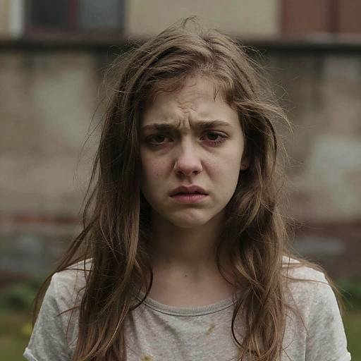 Photograph of a young woman with long, disheveled brown hair, wearing a gray shirt, looking distressed with a somber expression, blurred background