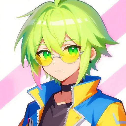 Digital anime-style portrait of a green-haired, green-eyed character with yellow sunglasses, wearing a blue and yellow jacket, against a pink and white background.