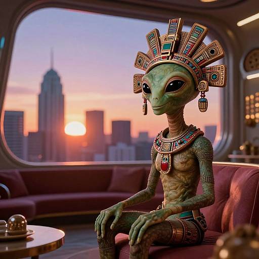 Afrofuturistic Alien with Aztec Headdress at Sunrise