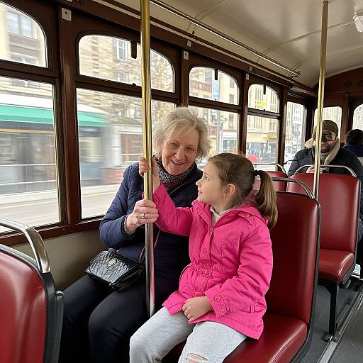 Photograph of an elderly woman with short gray hair in a blue jacket, smiling at a young girl in a pink jacket, holding a bus pole together