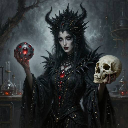 Digital painting of a dark, gothic sorceress with black horns, holding a glowing orb and human skull, surrounded by laboratory equipment.