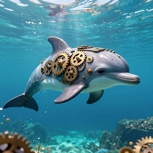 Photograph of a dolphin with gears on its side, swimming underwater in a clear blue ocean with coral reefs in the background.