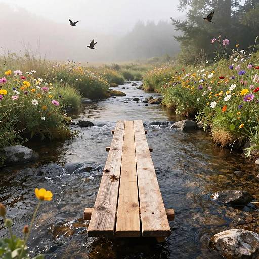Rustic Springboard Over Mountain Stream