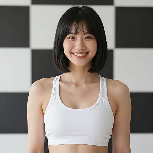Smiling Woman in White Sports Bra