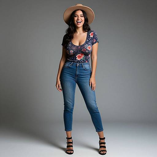 Photograph of a smiling woman with long black hair, wearing a beige hat, floral top, blue jeans, and black sandals, standing against a gray