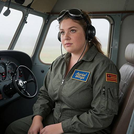 Photograph of a young Caucasian woman with fair skin, brown hair, and blue eyes, wearing aviator goggles, headphones, and a green military-style