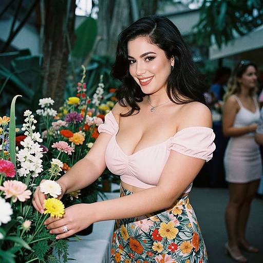 Photograph of a smiling, curvy woman with dark hair, wearing a pink off-shoulder top and floral skirt, picking flowers in a vibrant