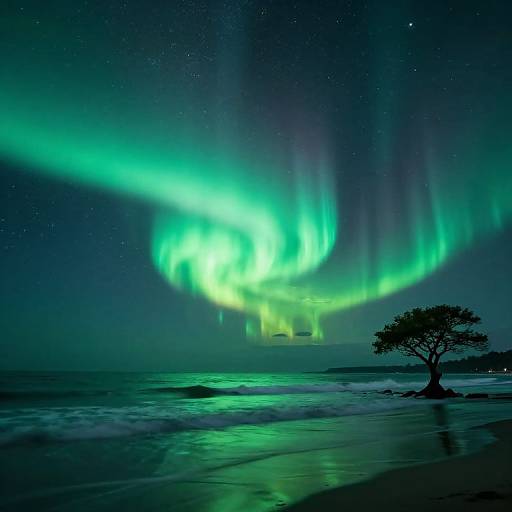 Photograph of vibrant green Northern Lights reflecting on a dark, starry ocean, with a solitary tree on the right shore.