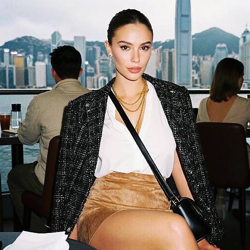 Photograph of a young Asian woman with dark hair in a bun, wearing a white blouse, gold skirt, black sparkly jacket, and gold necklace