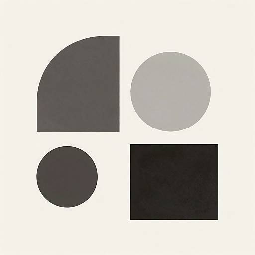 Abstract digital image featuring four geometric shapes: a curved dark gray rectangle, a light gray circle, a small black circle, and a black rectangle. White