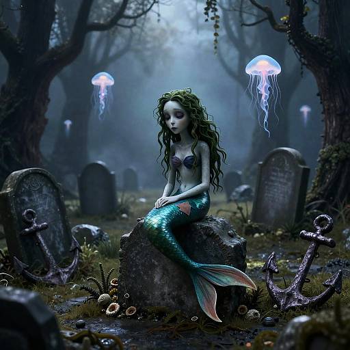 Wistful Patchwork Mermaid on Crooked Gravestone