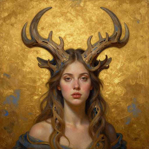 Digital painting of a young woman with long brown hair, wearing a large, detailed antler headdress, against a golden textured background.