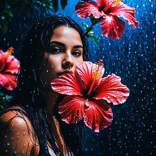 Photograph of a wet-haired woman with dark eyes, surrounded by vivid red hibiscus flowers, under a rain shower, with dramatic blue and