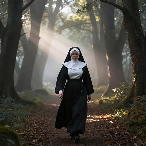 Photograph of a solemn nun with a white veil and black habit walking down a misty forest path, sunlight filtering through tall trees.