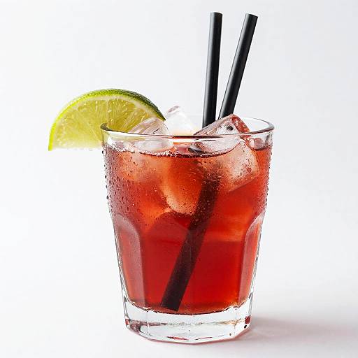 Photograph of a red cocktail in a glass with ice, a lime wedge, and two black straws, against a white background.